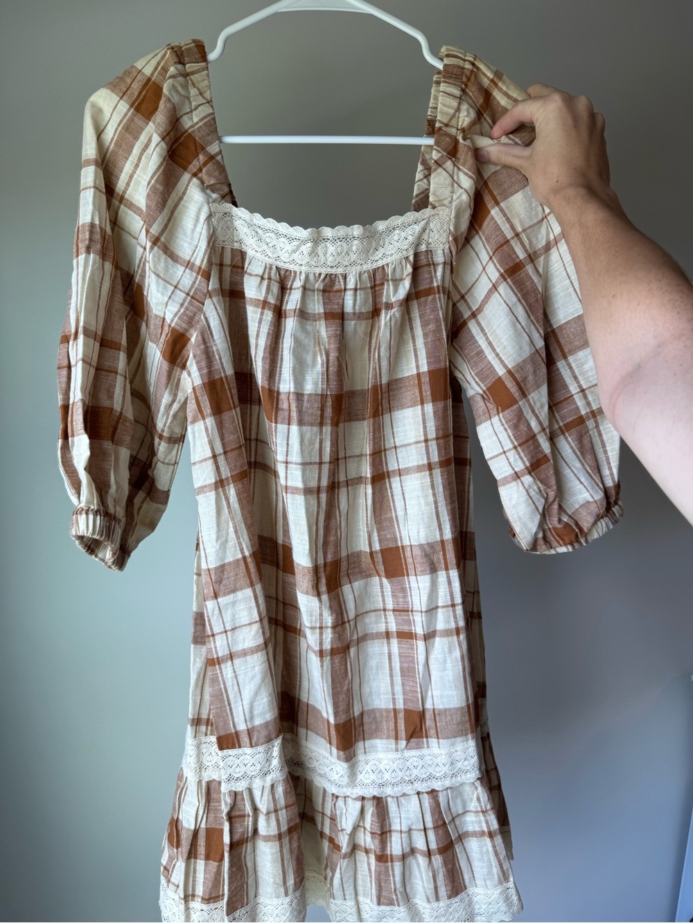 Pink Lily Cream and Brown Plaid Mini Dress with Lace Trim